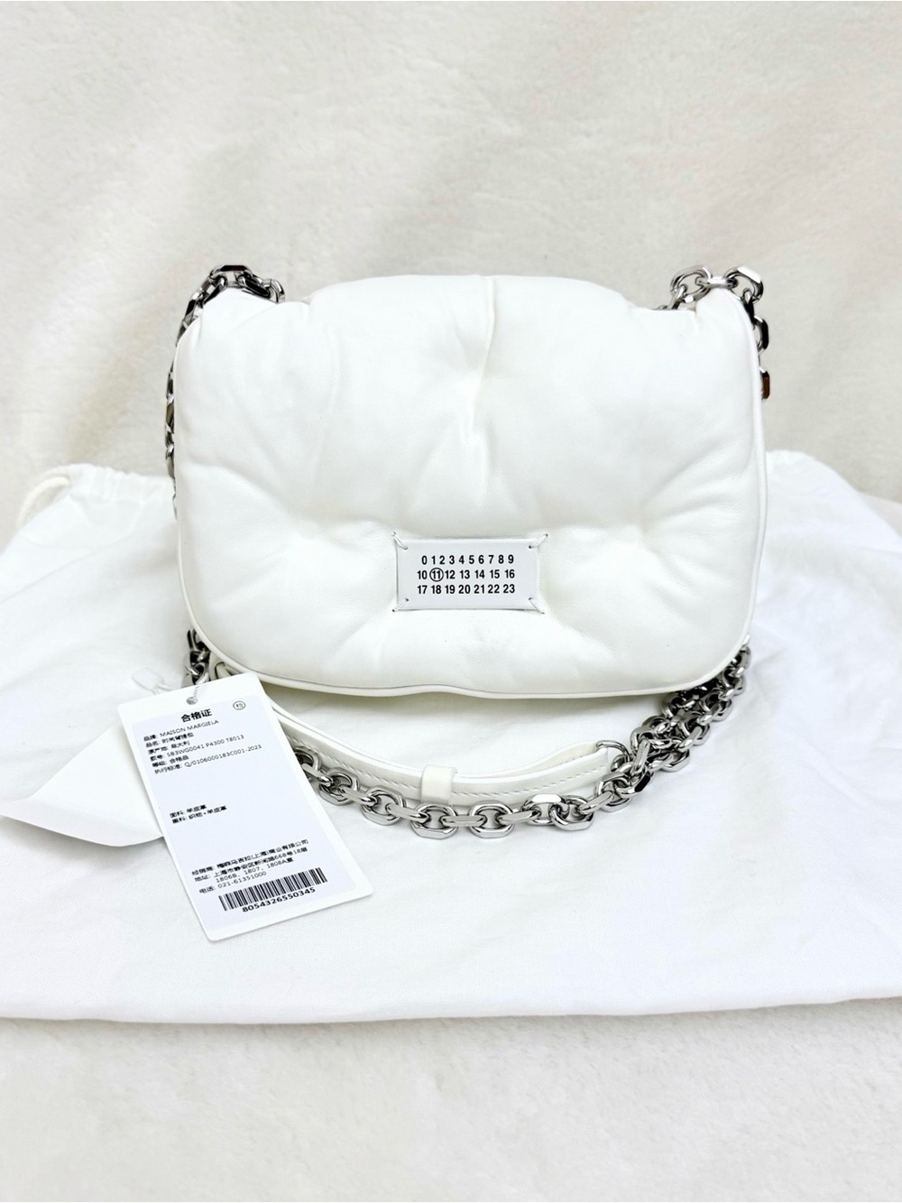 Maison Martin Margiela White Quilted Shoulder Bag with Silver Chain